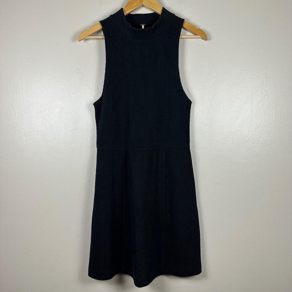 Free People Women's Large Mini Dress Black Ribbed Mock Neck Sleeveless